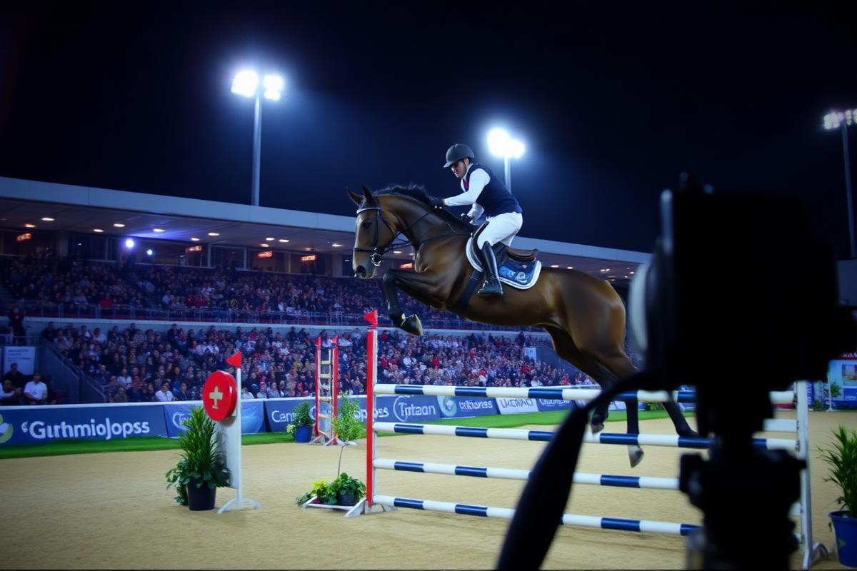Floodlit show jumping arena during a live broadcast